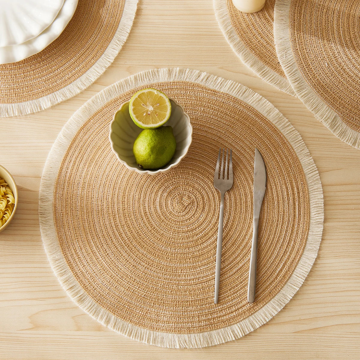 Set de 4 Individuales con Flecos – Color Beige